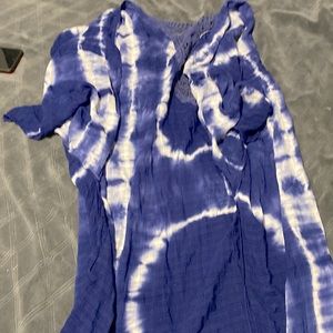 OSFA cobalt, blue and white tie-dyed kimono with crochet detailing on back